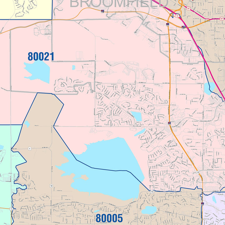 Color Cast Zip Code Style Wall Map of Arvada, CO