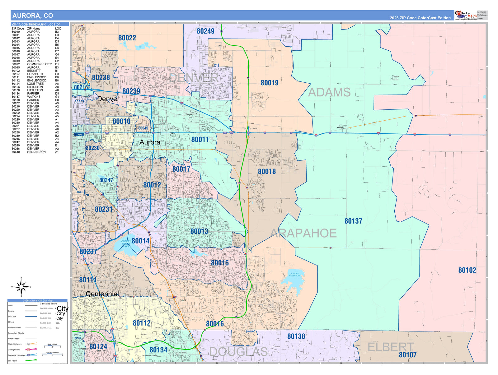 Color Cast Zip Code Style Wall Map of Aurora CO