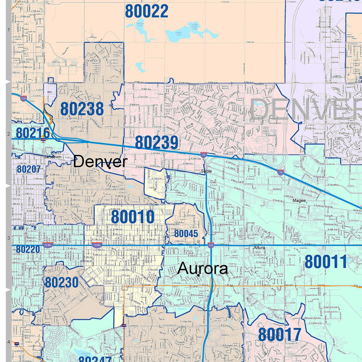 Color Cast Zip Code Style Wall Map of Aurora CO