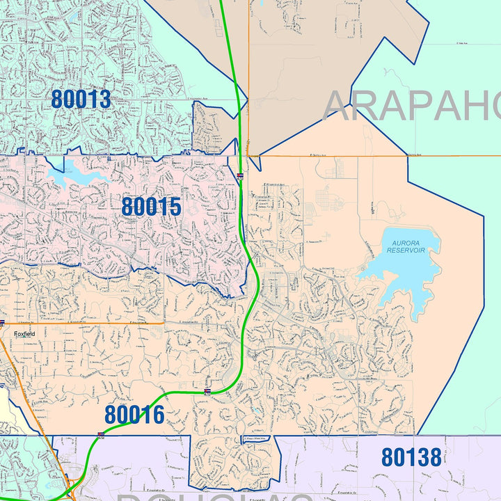 Color Cast Zip Code Style Wall Map of Aurora CO