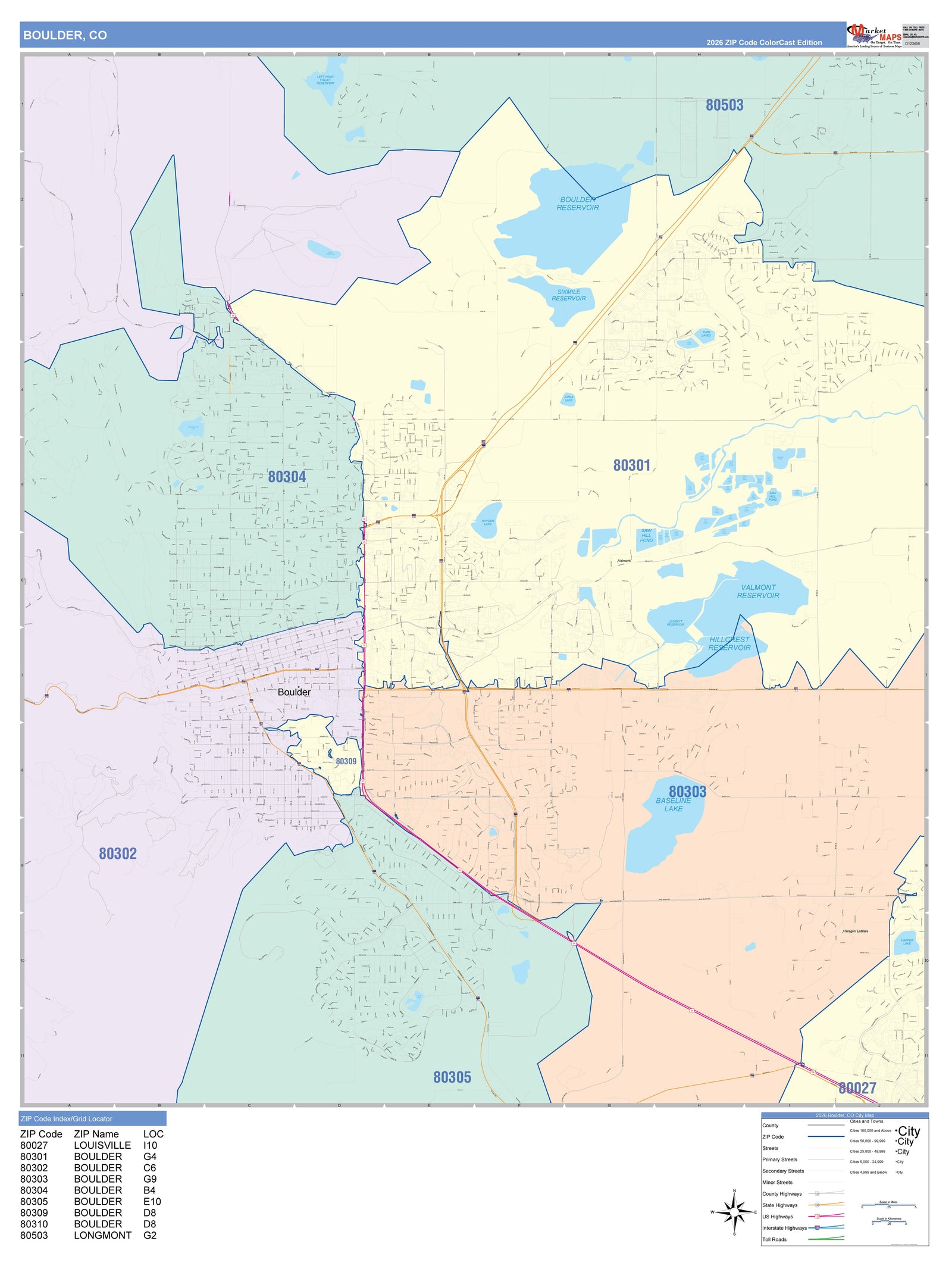 Color Cast Zip Code Style Wall Map of Boulder, CO