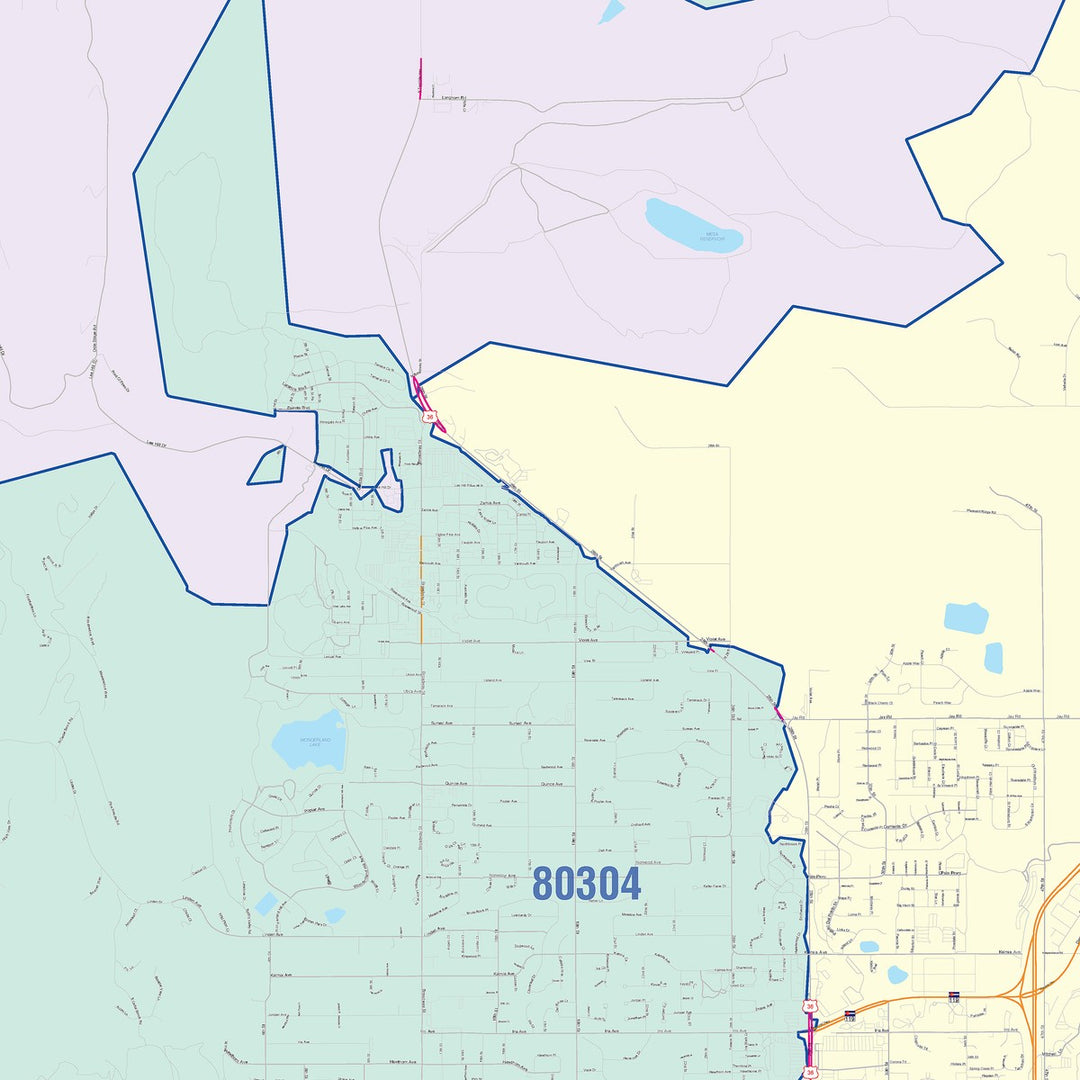 Color Cast Zip Code Style Wall Map of Boulder, CO