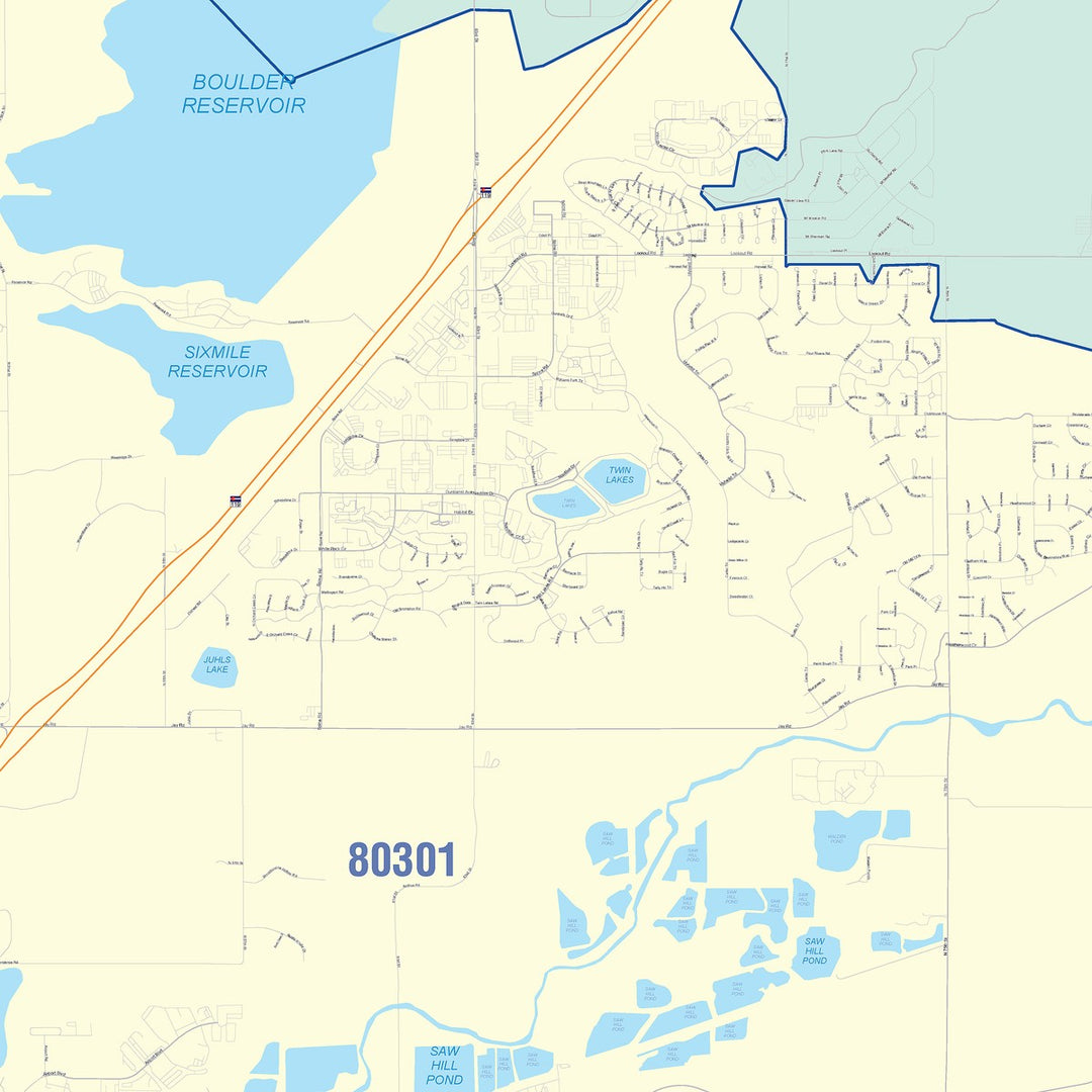 Color Cast Zip Code Style Wall Map of Boulder, CO