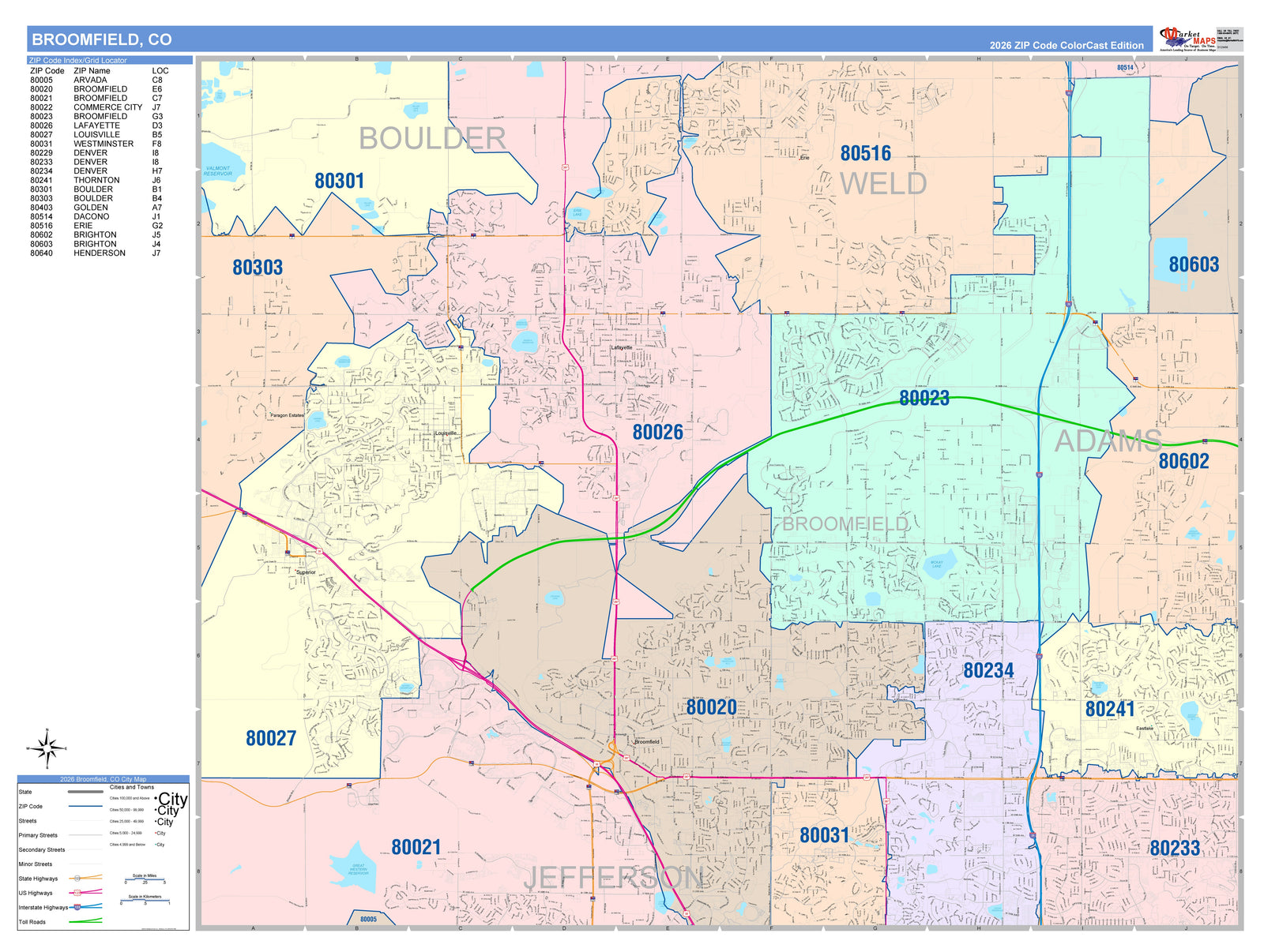 Color Cast Zip Code Style Wall Map of Broomfield, CO