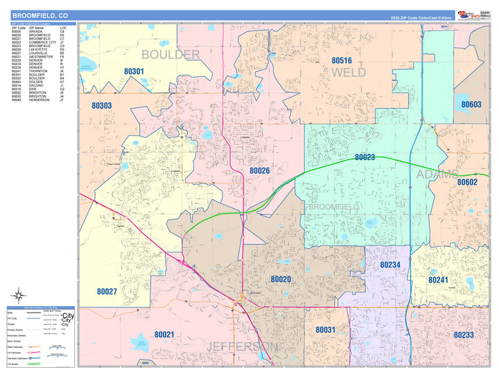 Color Cast Zip Code Style Wall Map of Broomfield, CO