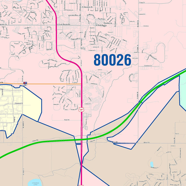 Color Cast Zip Code Style Wall Map of Broomfield, CO