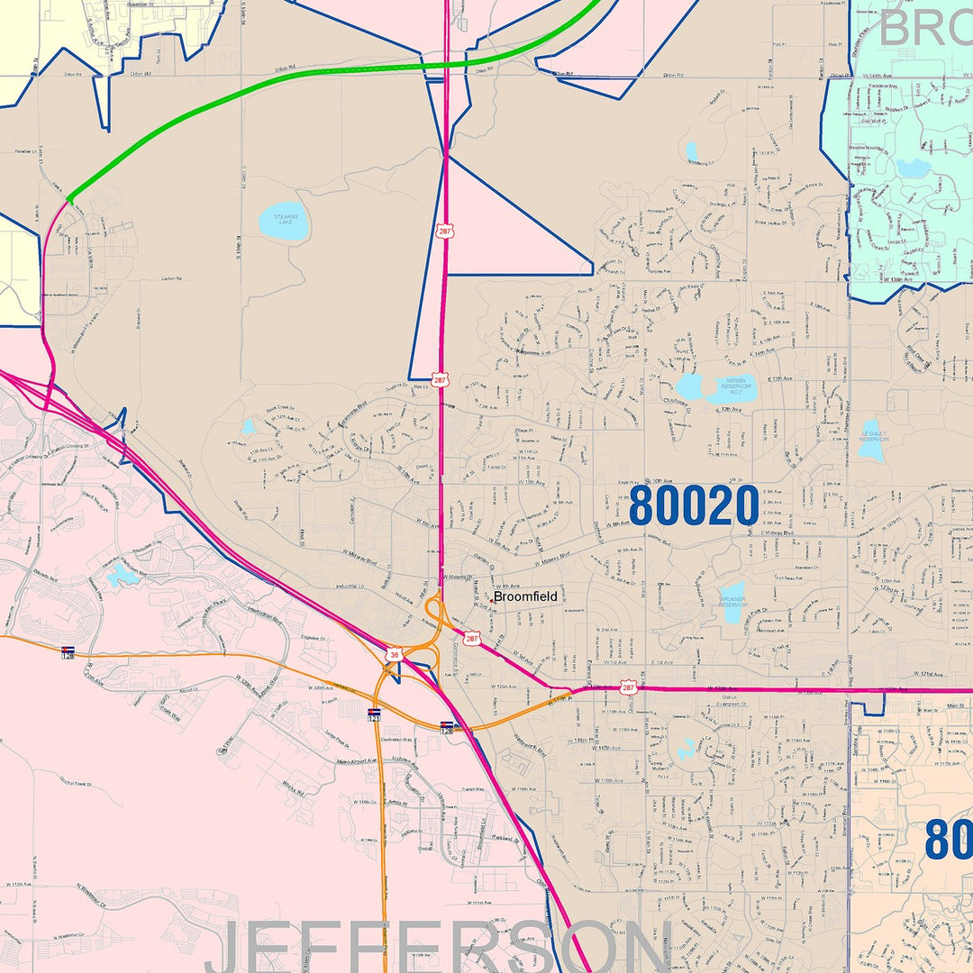 Color Cast Zip Code Style Wall Map of Broomfield, CO