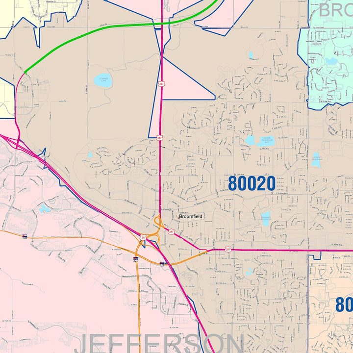 Color Cast Zip Code Style Wall Map of Broomfield, CO