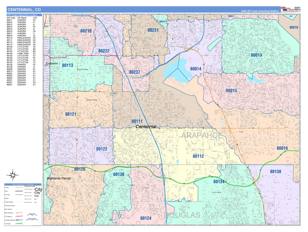 Color Cast Zip Code Style Wall Map of Centennial, CO