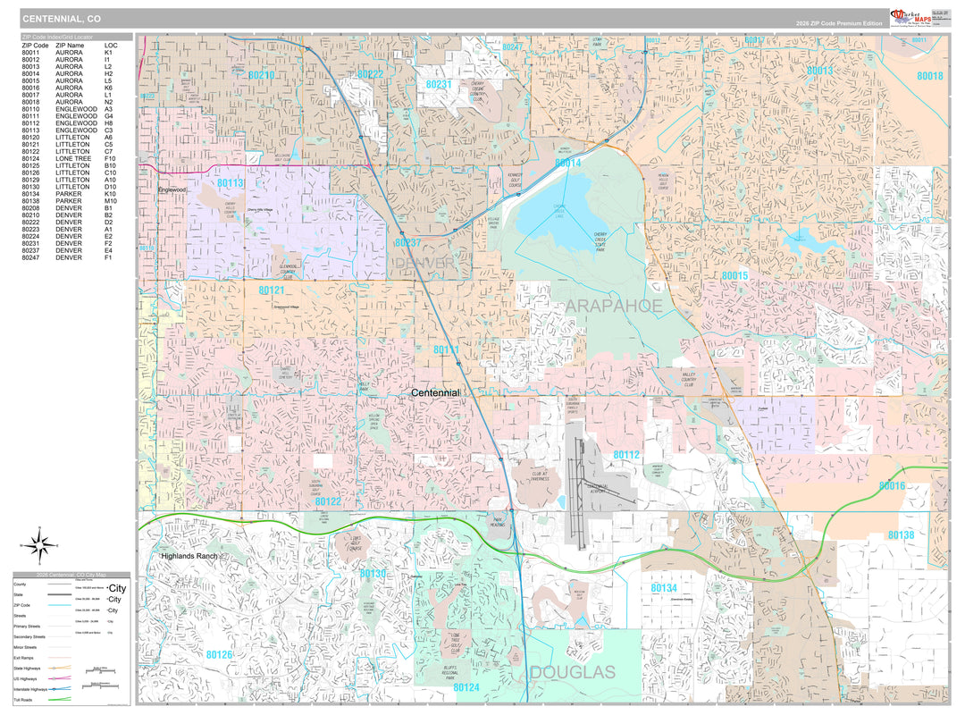 Premium Style Wall Map of Centennial, CO