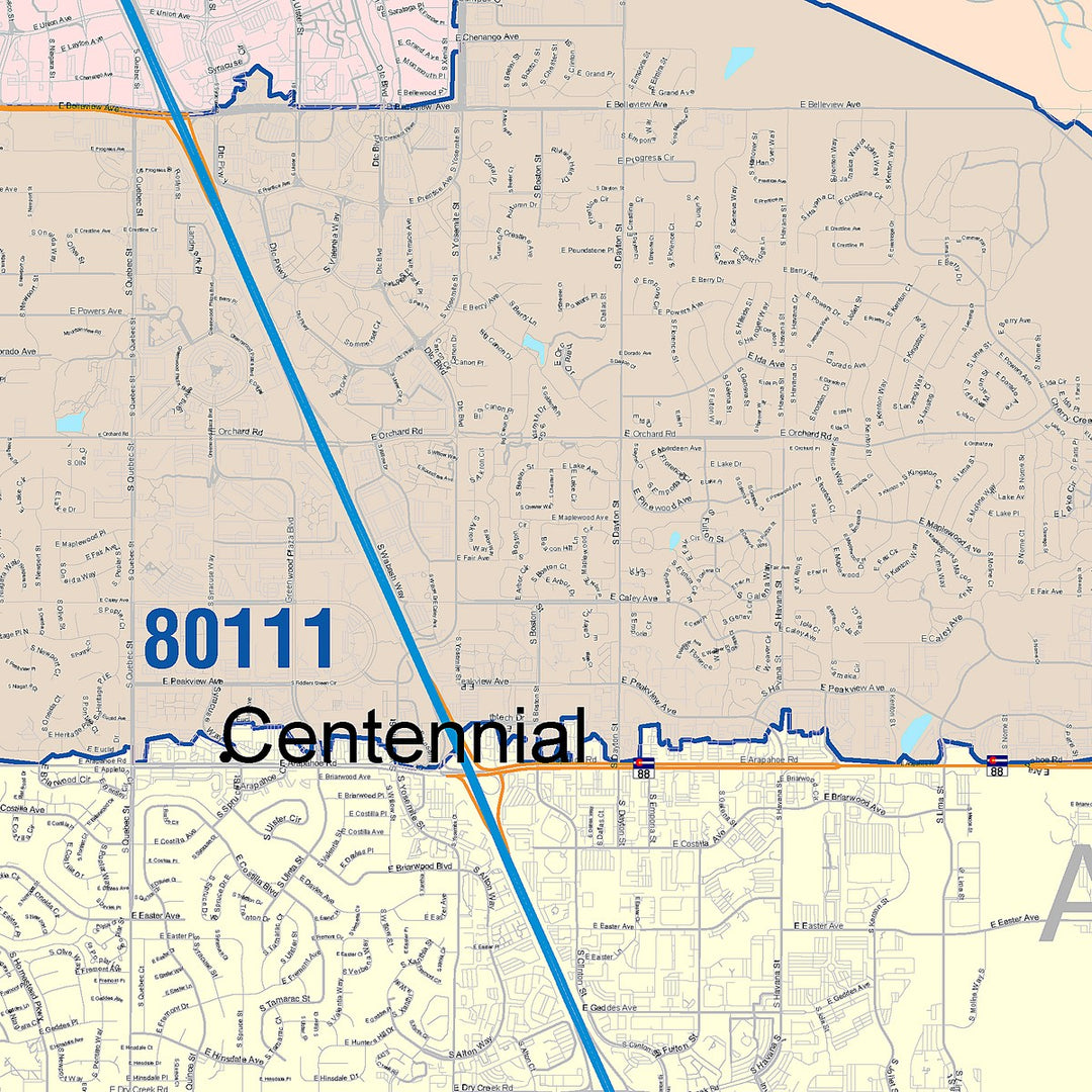 Color Cast Zip Code Style Wall Map of Centennial, CO