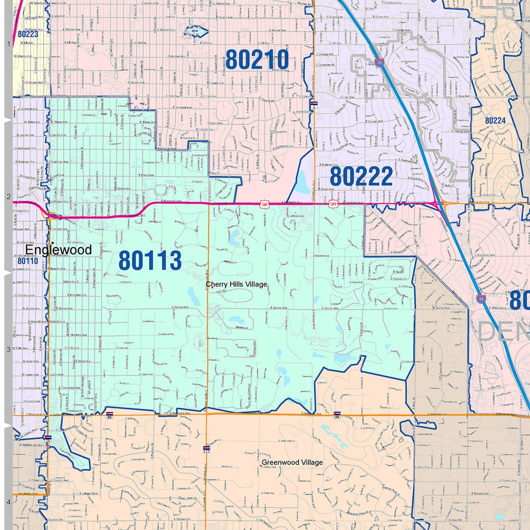 Color Cast Zip Code Style Wall Map of Centennial, CO