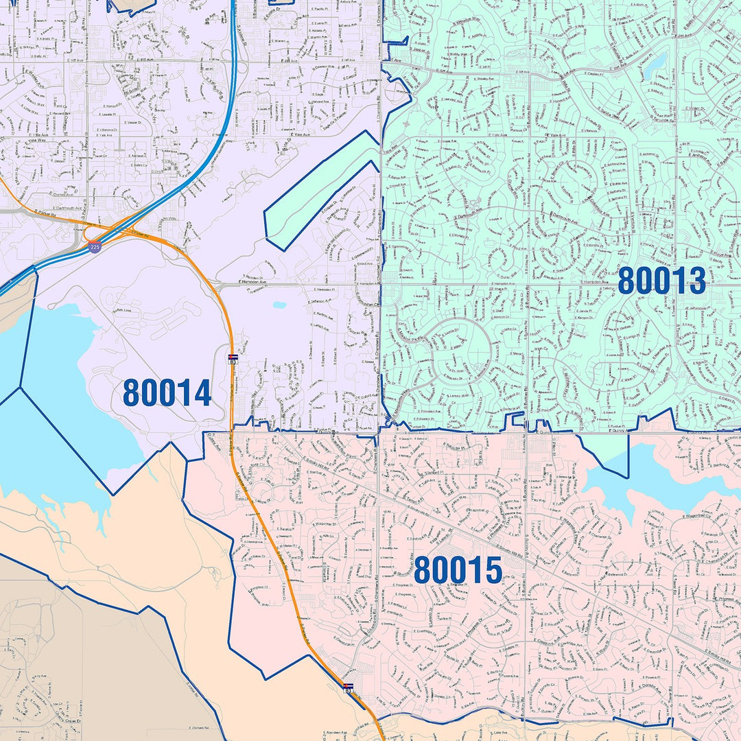 Color Cast Zip Code Style Wall Map of Centennial, CO