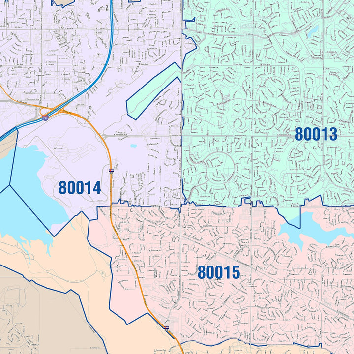 Color Cast Zip Code Style Wall Map of Centennial, CO