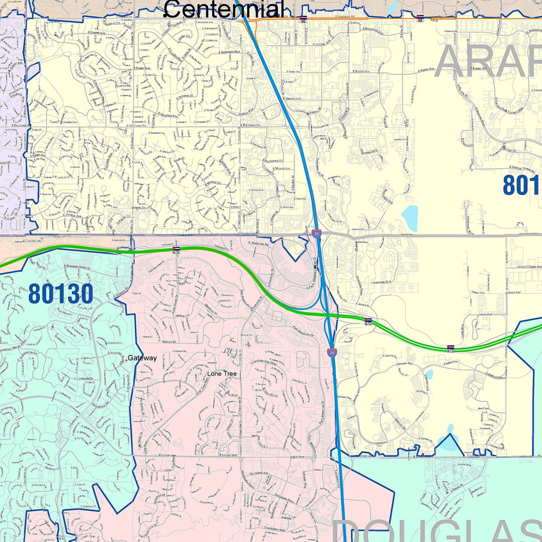 Color Cast Zip Code Style Wall Map of Centennial, CO