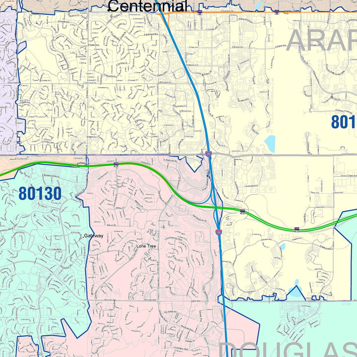 Color Cast Zip Code Style Wall Map of Centennial, CO