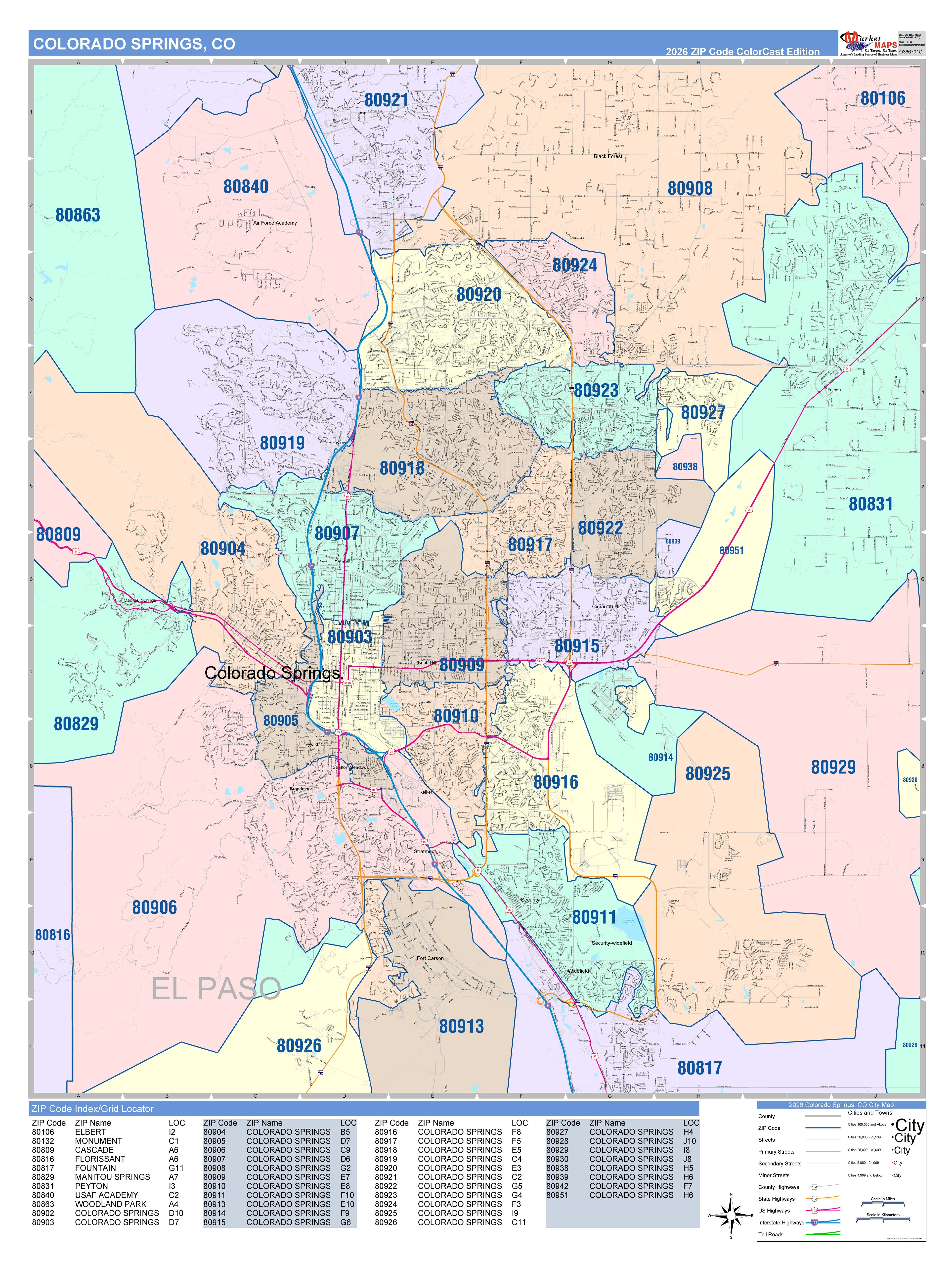 Color Cast Zip Code Style Wall Map of Colorado Springs, CO – American ...