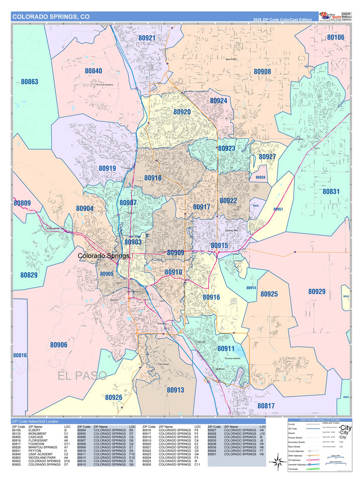 Color Cast Zip Code Style Wall Map of Colorado Springs CO
