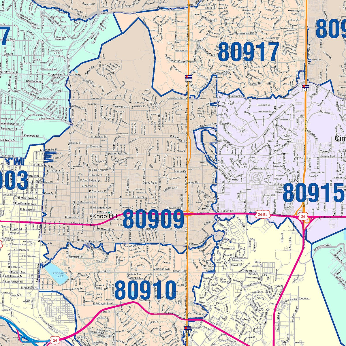 Color Cast Zip Code Style Wall Map of Colorado Springs, CO – American ...