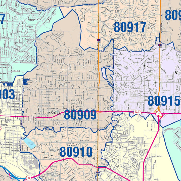 Color Cast Zip Code Style Wall Map of Colorado Springs CO
