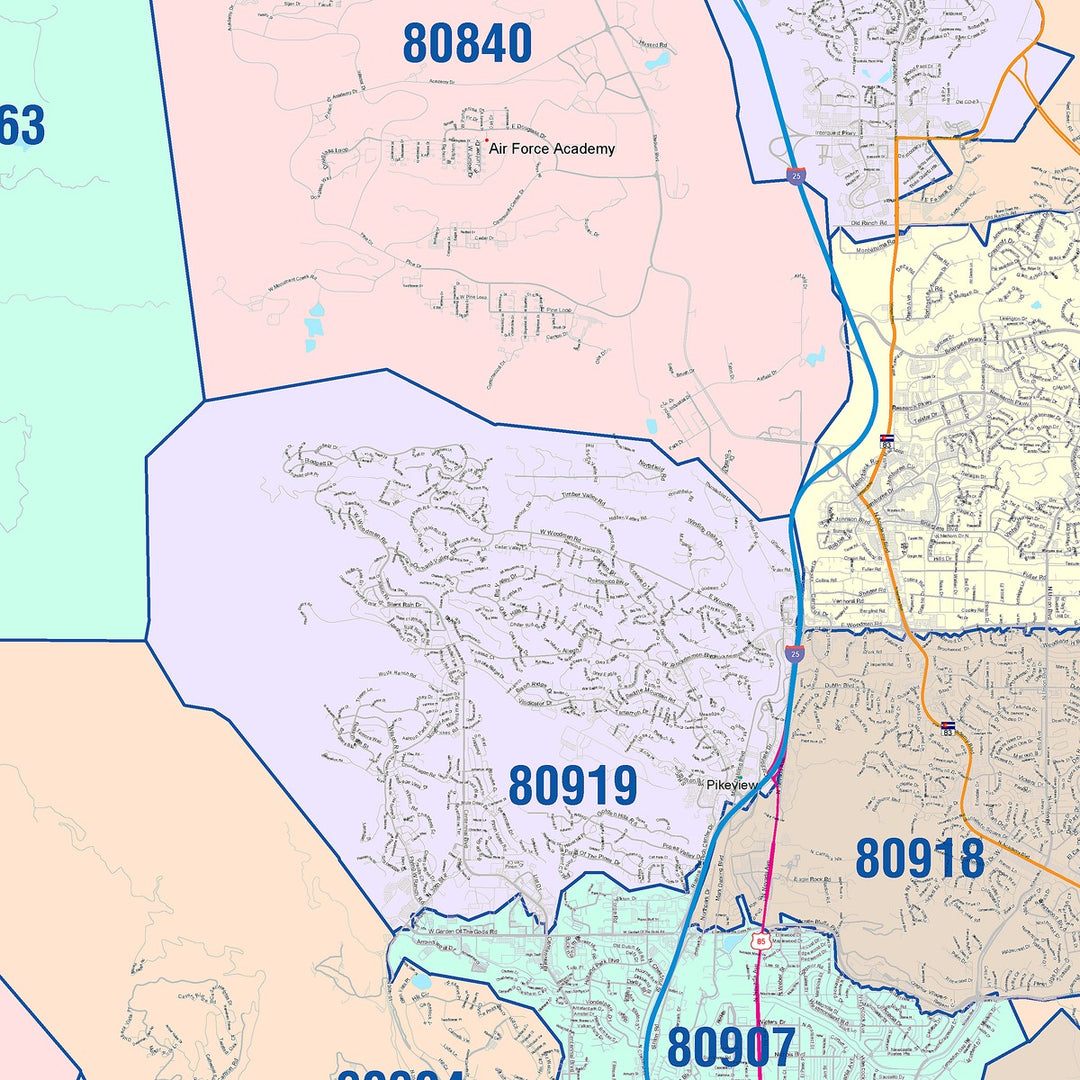 Color Cast Zip Code Style Wall Map of Colorado Springs CO