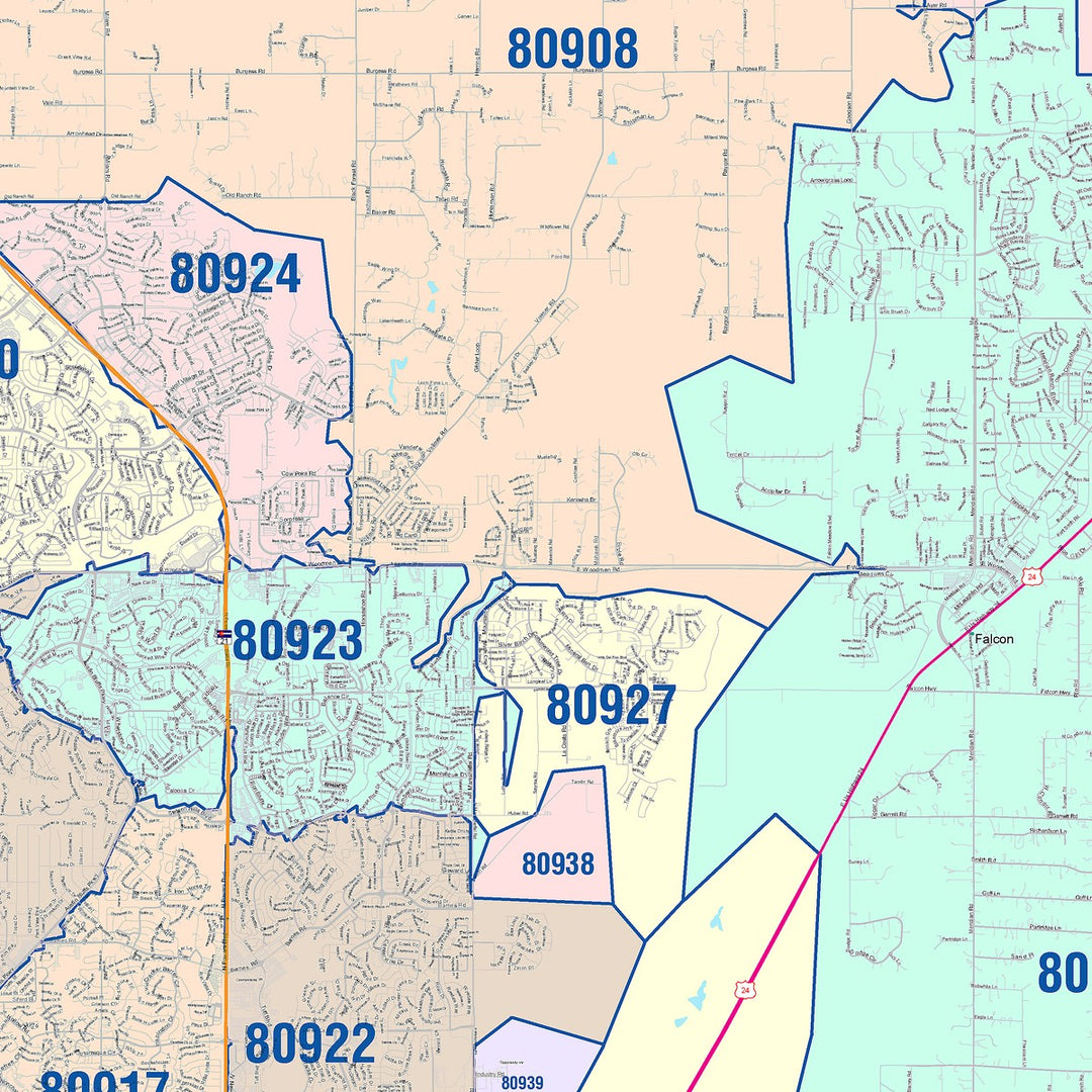 Color Cast Zip Code Style Wall Map of Colorado Springs CO