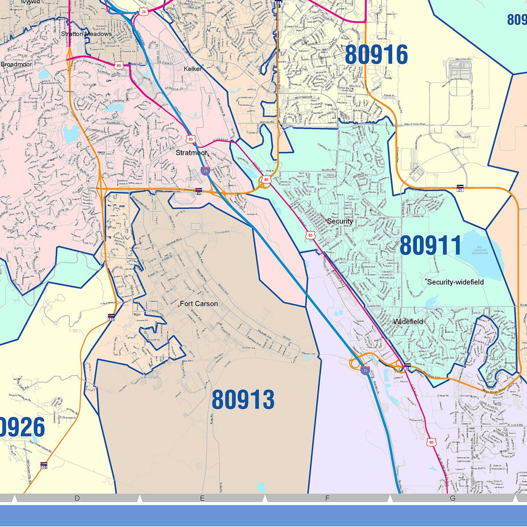 Color Cast Zip Code Style Wall Map of Colorado Springs CO