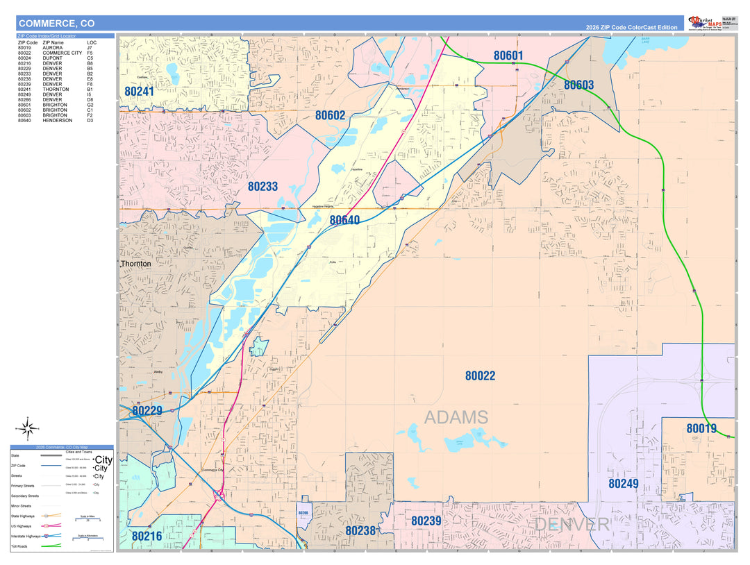 Color Cast Zip Code Style Wall Map of Commerce, CO