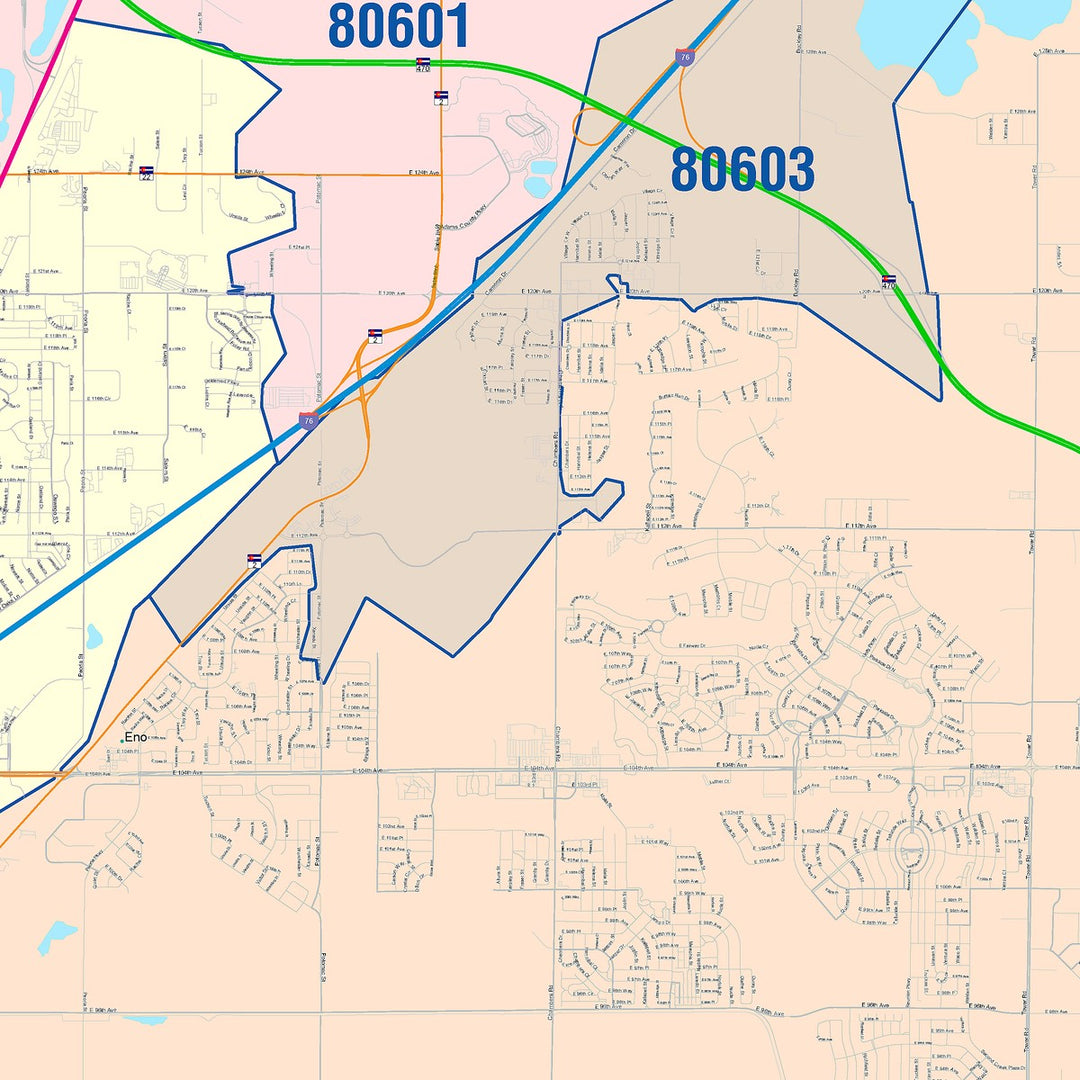 Color Cast Zip Code Style Wall Map of Commerce, CO