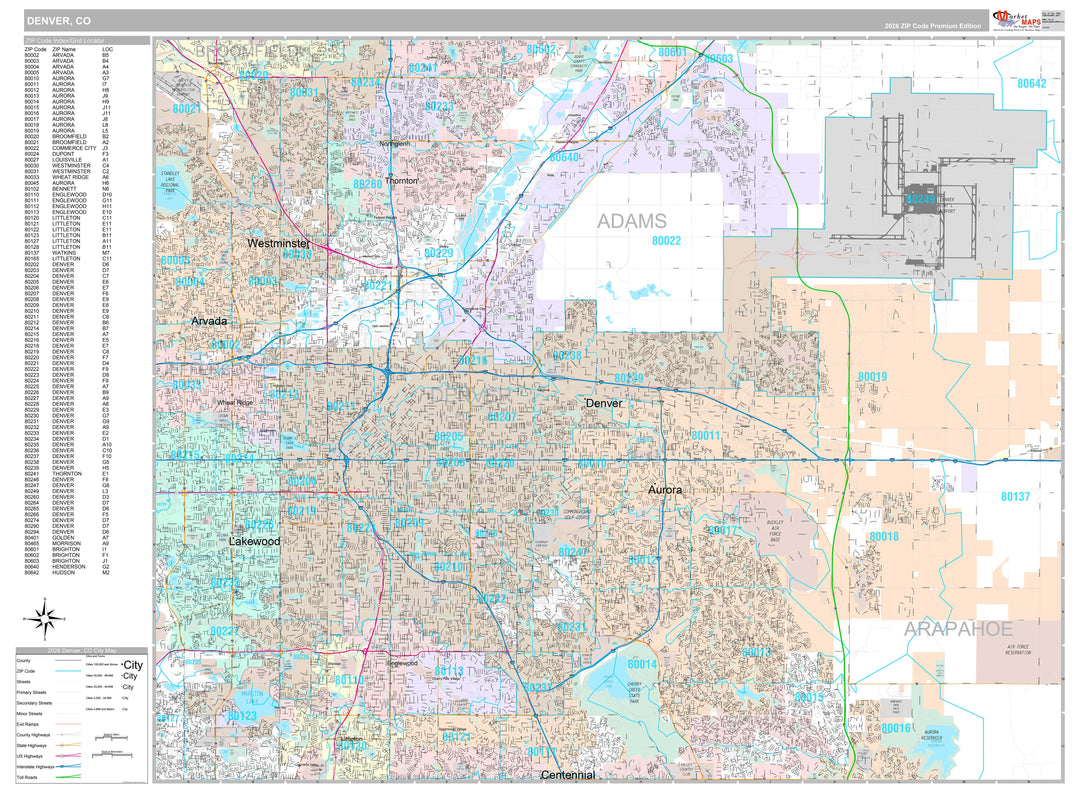 Premium Style Wall Map of Denver CO