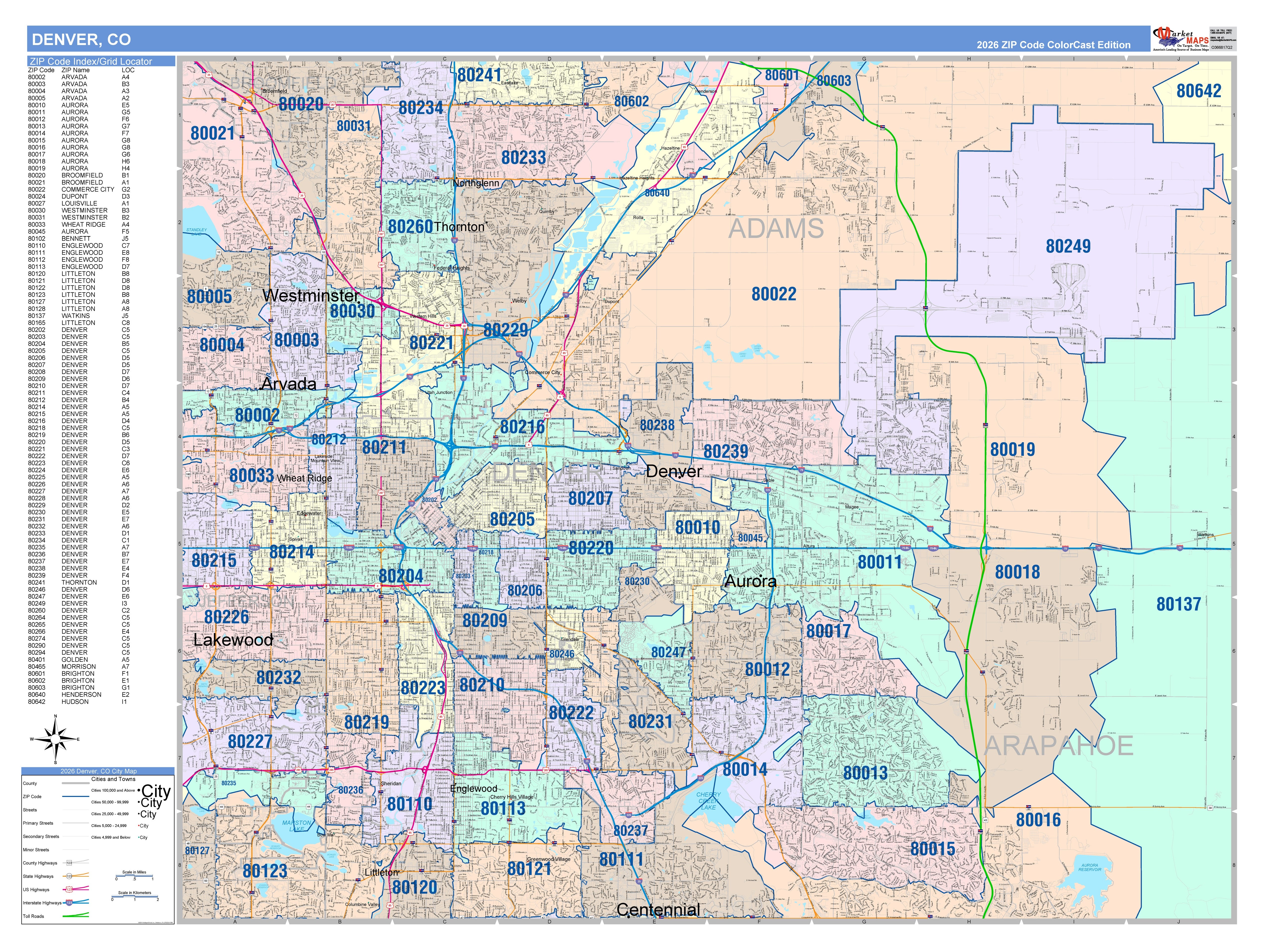Color Cast Zip Code Style Wall Map of Denver, CO – American Map Store