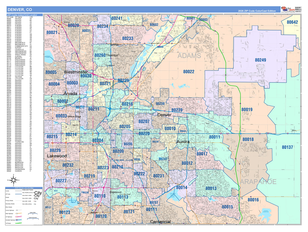 80513 Zip Code Color Cast Zip Code Style Wall Map of Denver, CO – American Map Store