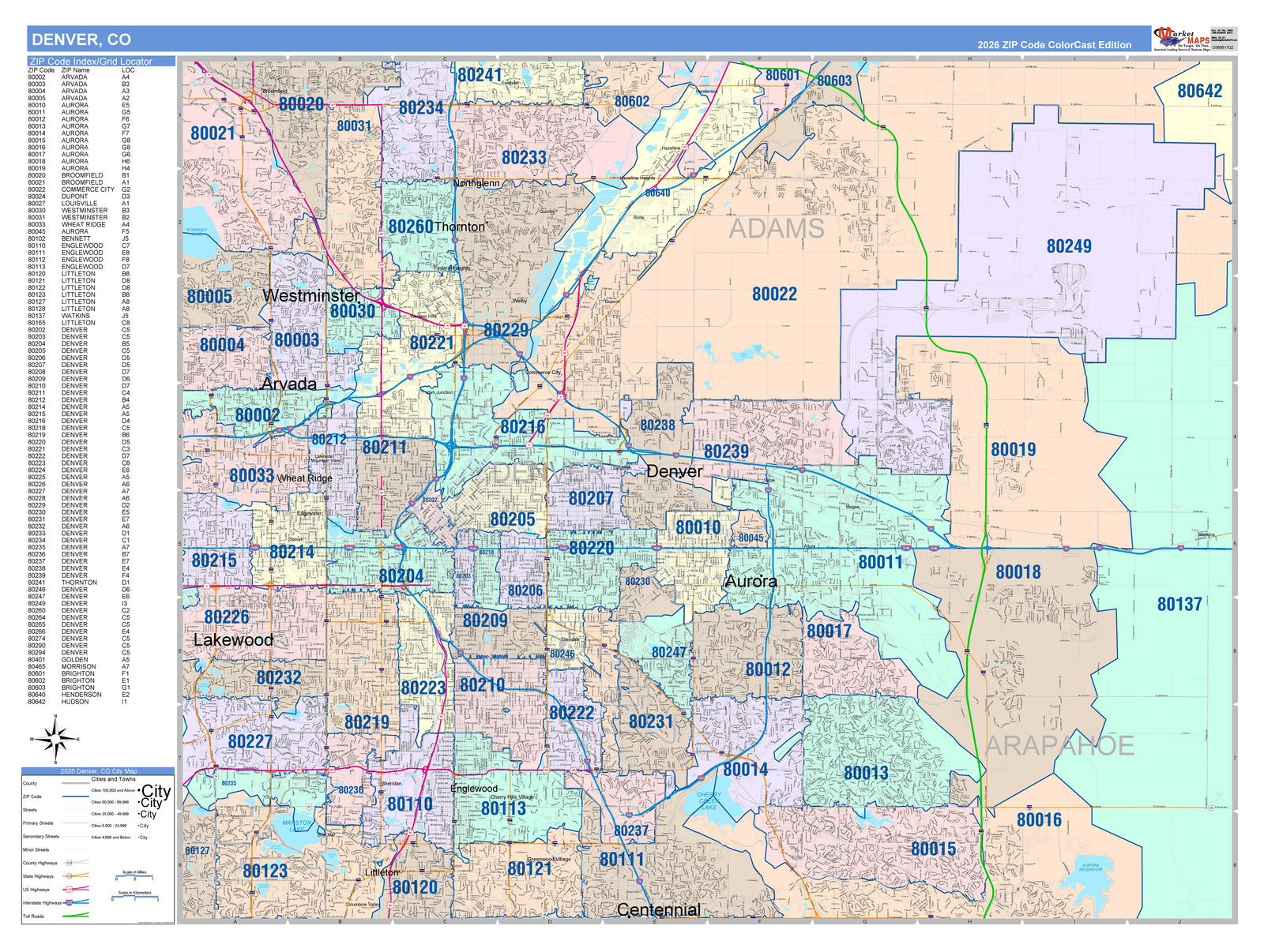 Color Cast Zip Code Style Wall Map of Denver CO