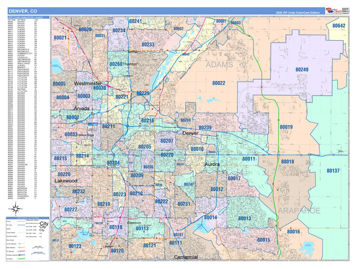 Color Cast Zip Code Style Wall Map of Denver, CO – American Map Store