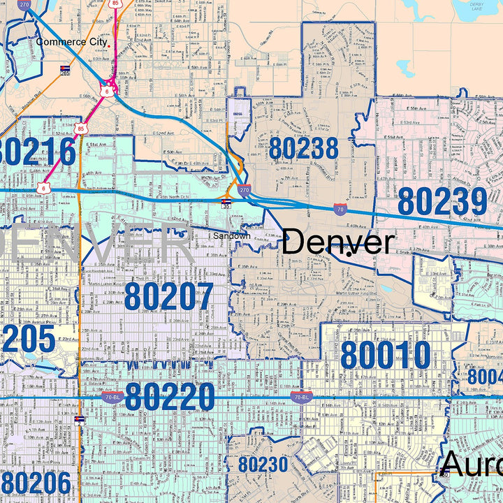 Color Cast Zip Code Style Wall Map of Denver, CO – American Map Store