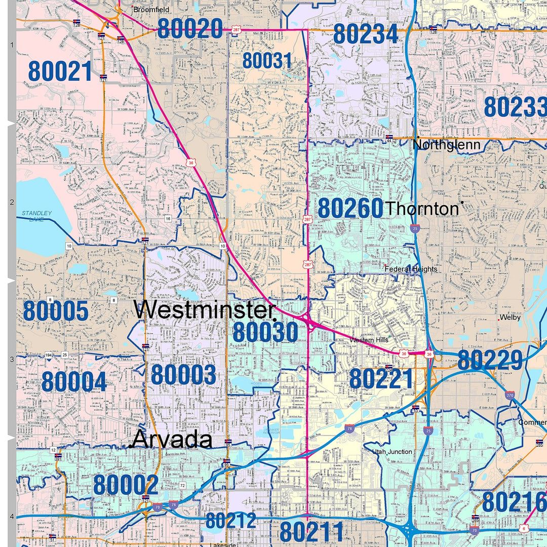 Color Cast Zip Code Style Wall Map of Denver, CO – American Map Store