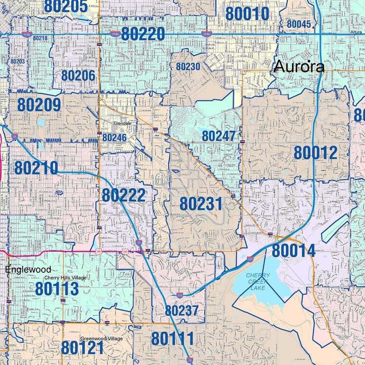 Color Cast Zip Code Style Wall Map of Denver, CO – American Map Store