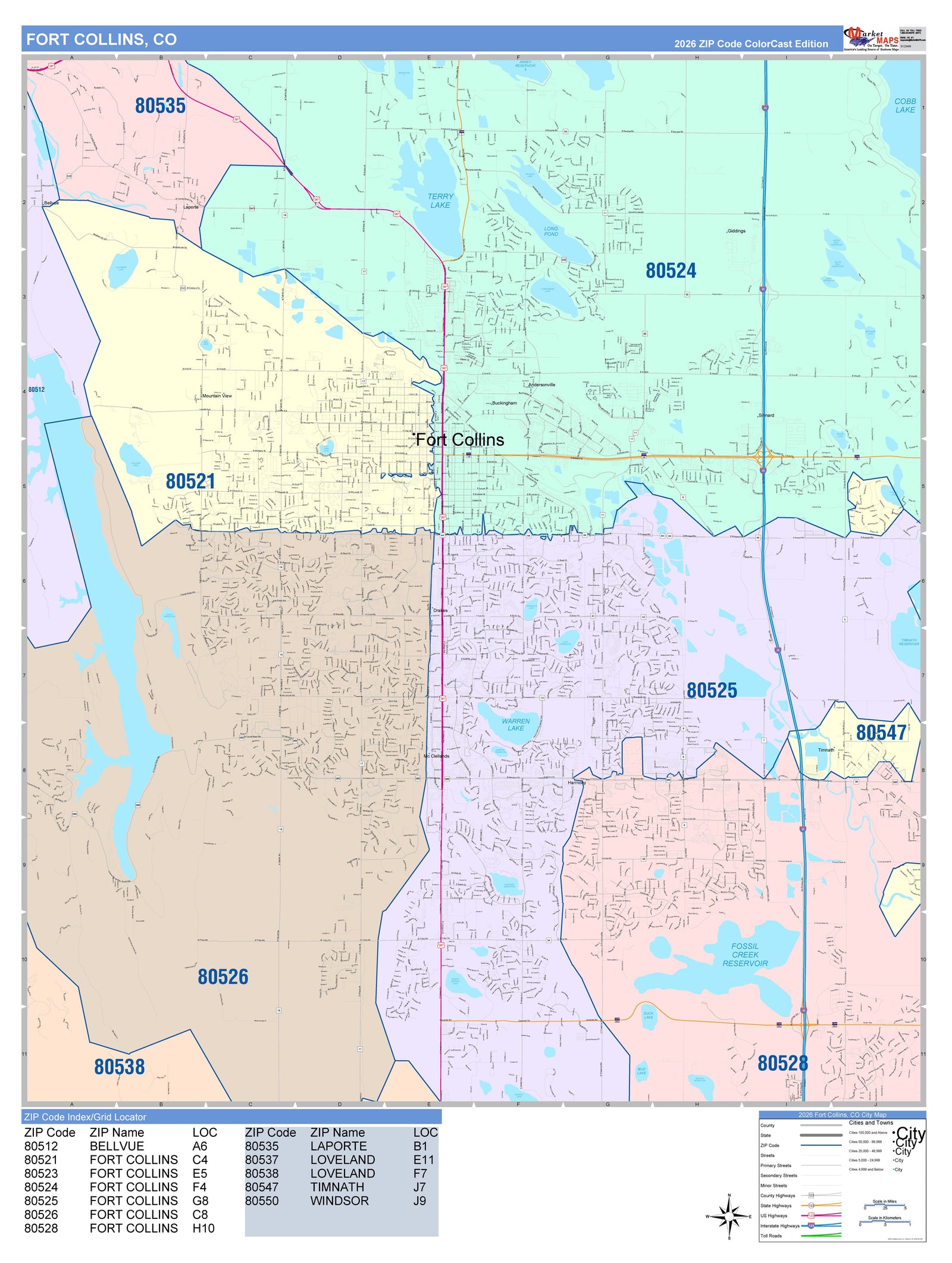 Color Cast Zip Code Style Wall Map of Fort Collins, CO
