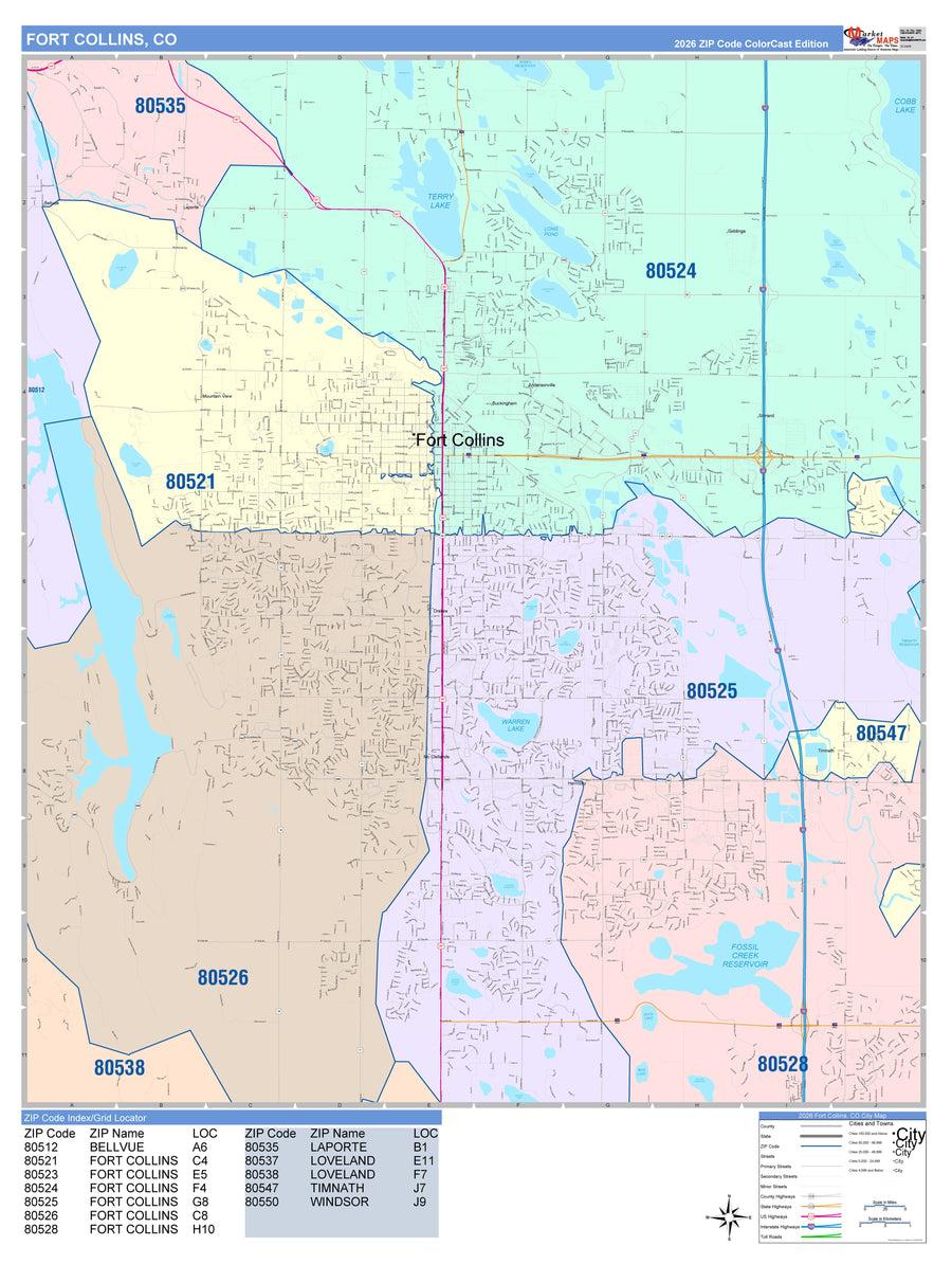 Color Cast Zip Code Style Wall Map of Fort Collins, CO – American Map Store