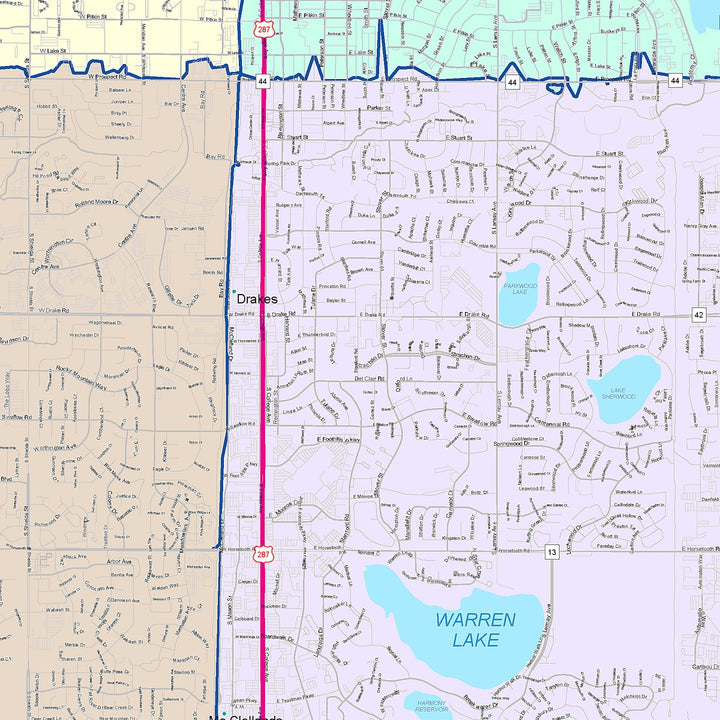 Color Cast Zip Code Style Wall Map of Fort Collins, CO