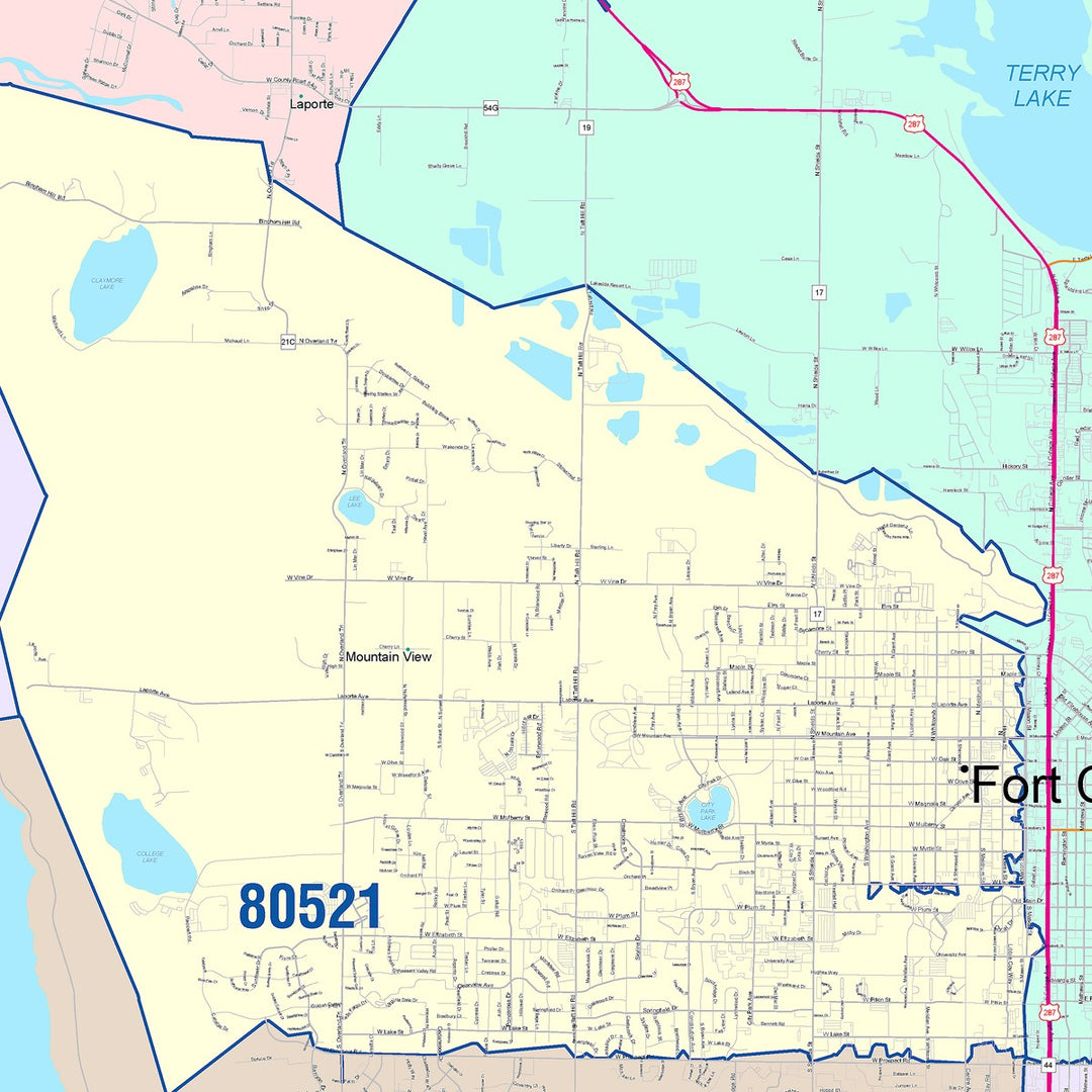 Color Cast Zip Code Style Wall Map of Fort Collins, CO – American Map Store