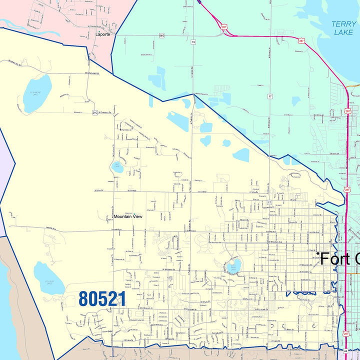 Color Cast Zip Code Style Wall Map of Fort Collins, CO