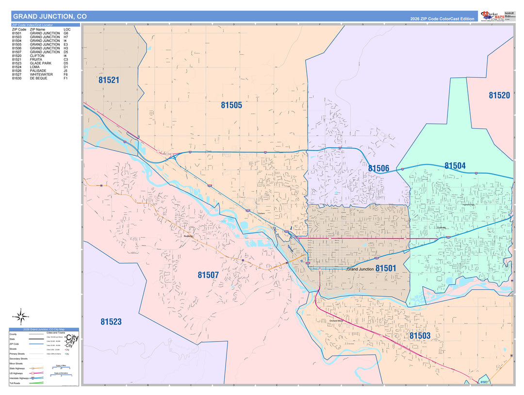 Color Cast Zip Code Style Wall Map of Grand Junction, CO