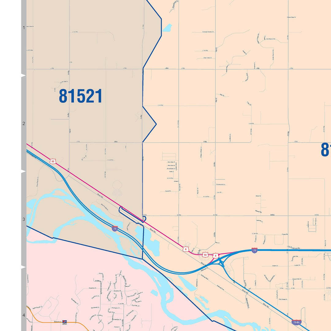 Color Cast Zip Code Style Wall Map of Grand Junction, CO