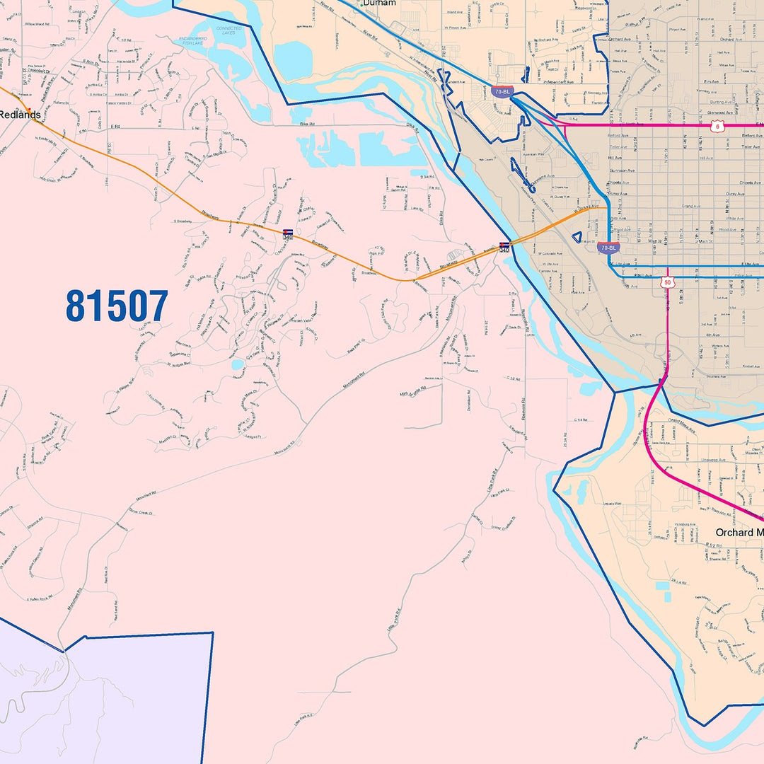 Color Cast Zip Code Style Wall Map of Grand Junction, CO