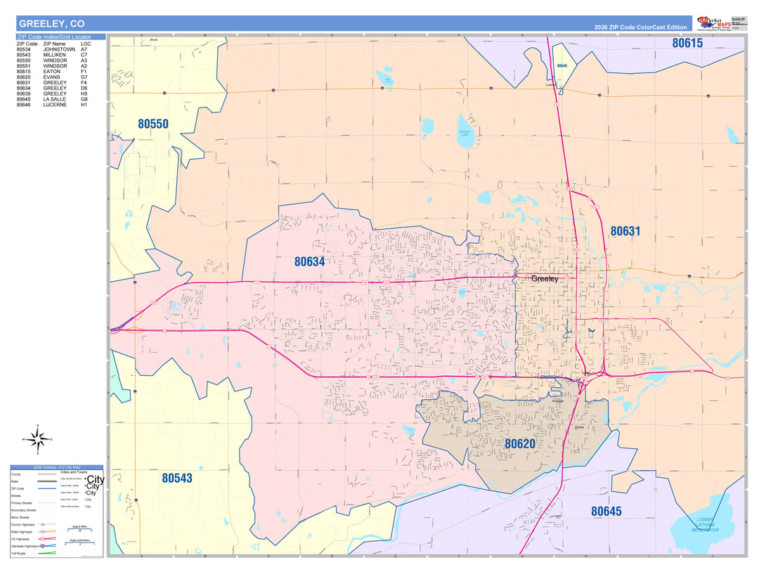 Color Cast Zip Code Style Wall Map of Greely, CO