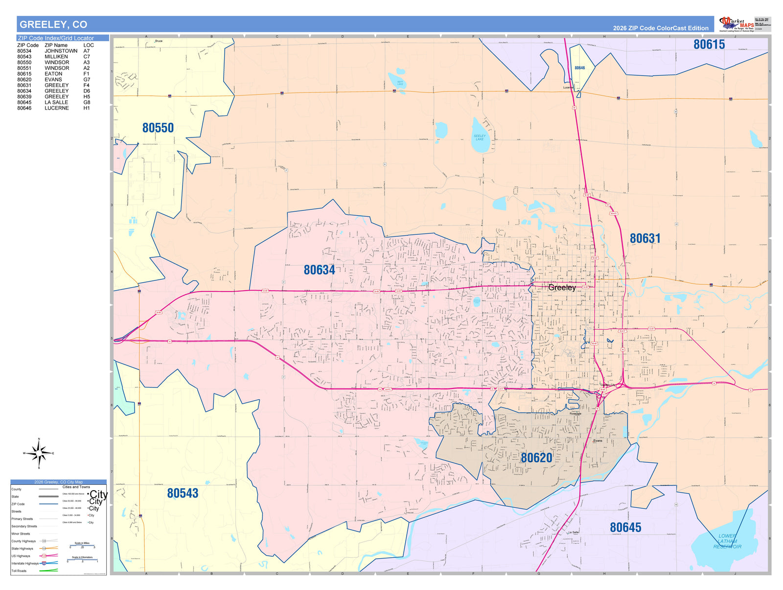 Color Cast Zip Code Style Wall Map of Greely, CO
