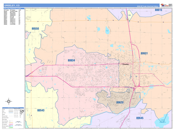 Color Cast Zip Code Style Wall Map of Greely, CO