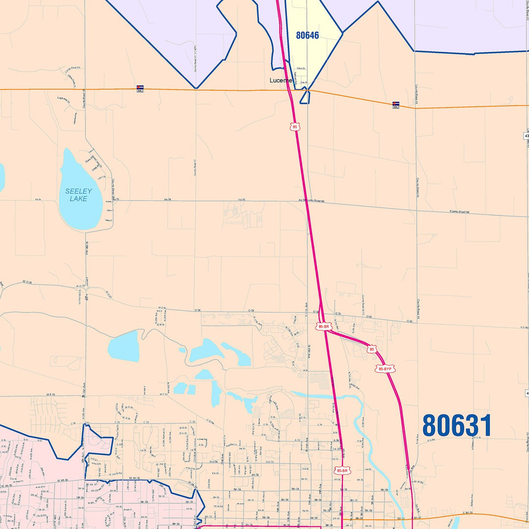 Color Cast Zip Code Style Wall Map of Greely, CO