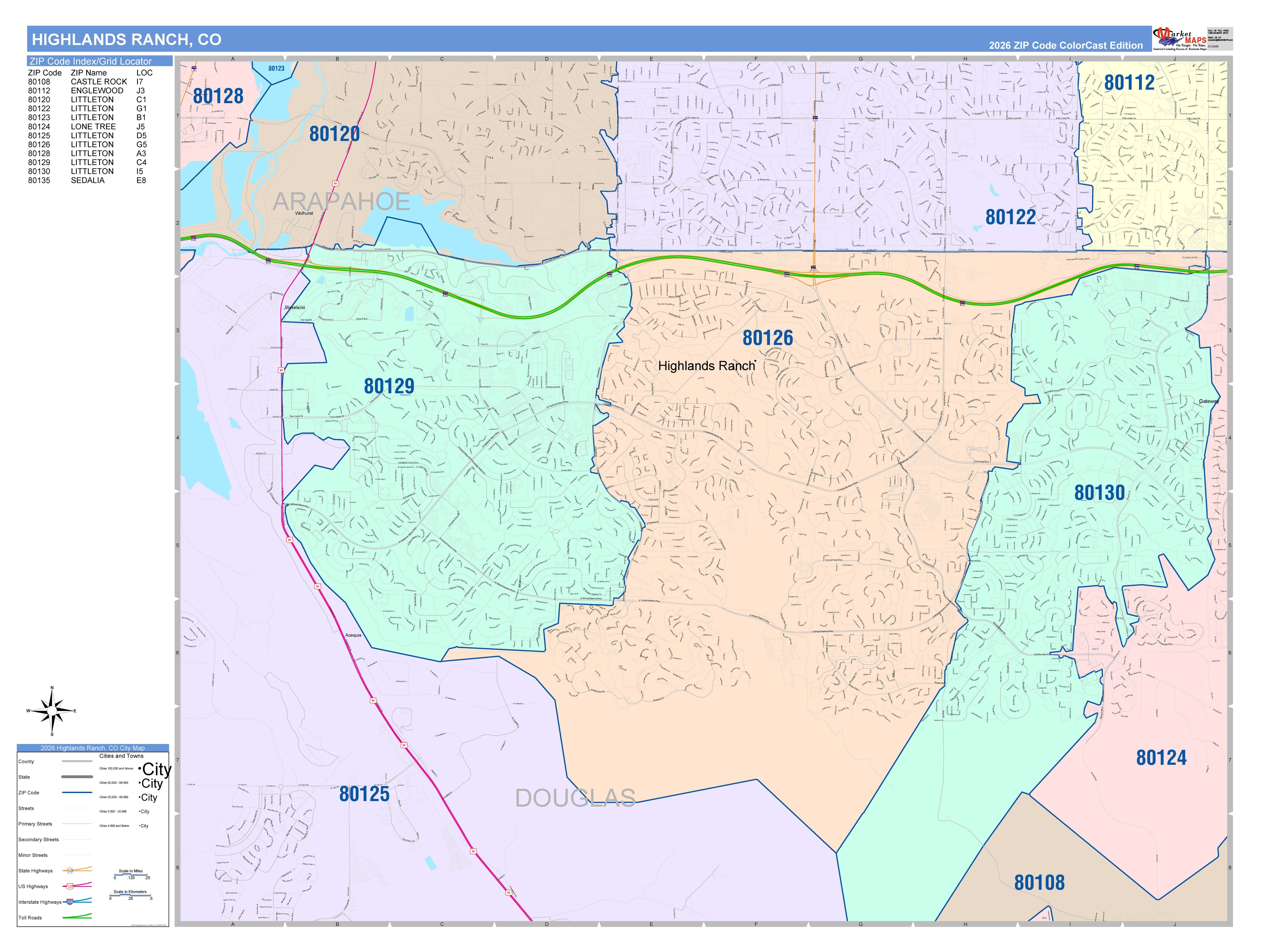 Color Cast Zip Code Style Wall Map of Highlands Ranch, CO – American ...